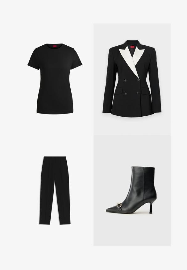 Blazer nero con davanti doppiopetto, risvolto bianco, due tasche frontali e bottoni neri. Realizzato in tessuto strutturato.; T-shirt in cotone nero con maniche corte arrotolate, scollatura rotonda e etichetta rossa. Texture liscia, forma aderente con dettagli minimi.; Pantaloni neri a taglio dritto, con doppie pieghe, una texture liscia e un design classico in vita. Nessun hardware o dettaglio visibile.; Stivale alla caviglia in pelle nera con punta affusolata, tacco sottile di media altezza e dettaglio in fibbia argentata sul lato, su sfondo semplice.