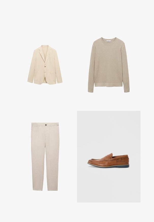 Beige kavaj i lätt tyg, med en knapp, snedskurna slag, två framfickor och en bröstficka. Slät textur.; Beige ribbad stickad tröja med långa ärmar, rund halsringning och avskuren nederkant. Tyget verkar mjukt med ett texturerat mönster.; Mango Chinos - off-white; Bruna läder loafers med rund tå, sydda accenter och en låg gummisula. Designen har ett band över framsidan.