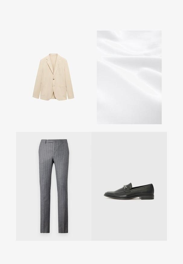 Bež sako od laganog materijala, s jednim gumbom, reverima u obliku slova "V", dva prednja džepa i jedan džep na prsima. Glatka tekstura.; Bijela tkanina glatke teksture koja pokazuje nabore i suptilan sjaj, što ukazuje na lagani i mekani materijal.; Sive prugaste hlače izrađene od teksturirane tkanine, s klasičnim dizajnom, ravnim krojem i dva prednja džepa.; Crna kožna loafer cipela s glatkom finišem, s ušivenim uzorkom i dekorativnim metalnim lancem preko prednjeg dijela. Ravni potplat.