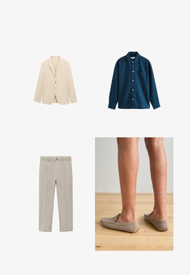Blazer beige realizzato in tessuto leggero, con un solo bottone, revers a punta, due tasche frontali e una tasca sul petto. Texture liscia.; Camicia button-up azzurra a maniche lunghe con colletto classico, taschino sul petto e bottoni bianchi. Tessuto morbido con una leggera lucentezza.; Pantaloni beige chiaro realizzati in un misto cotone, con un design a gamba dritta, pince frontali, chiusura con bottone e tasche laterali.; Scarpe beige in suede senza lacci con punta arrotondata e cuciture decorative, dotate di suole in gomma testurizzata con piccoli accenti dorati.