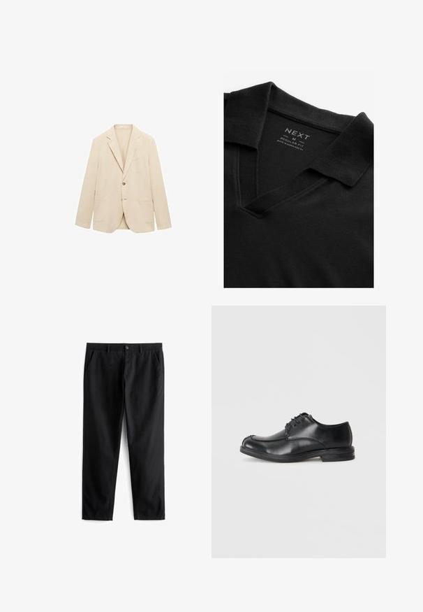 Beige blazer van lichte stof, met een enkele knop, notch revers, twee zakken aan de voorkant en één borstzak. Gladde textuur.; Zwarte polo met een V-hals en een gestructureerde stof. Heeft een omgeslagen kraag en een label met merk- en maatinformatie. Regulere pasvorm.; Zwarte broek van duurzaam materiaal, met twee voorzakken, een knoopsluiting, een platte voorkant en een recht gesneden pijp.; Zwarte leren veterschoenen met een ronde neus, een gladde textuur en een lage hak. Kenmerkt zich door stiksel details langs de bovenkant en zijkanten.