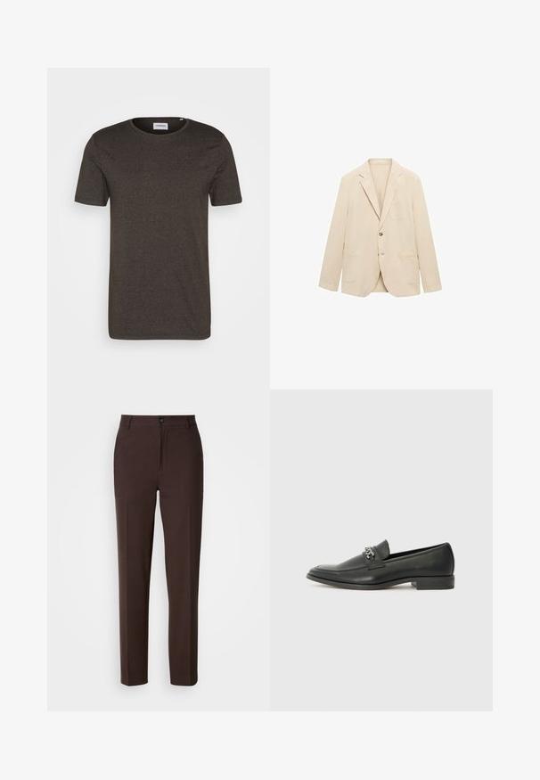 Beige sako vyrobené z lehkého materiálu, s jedním knoflíkem, klopami s výstřihem, dvěma předními kapsami a jednou kapsou na prsou. Hladká textura.; Tmavě zelené tričko s krátkým rukávem, kulatý výstřih, hladká textura, bez vzorů či akcentů, jednoduchý design, vhodné pro každodenní nošení.; Hnědé kalhoty se střihem rovného nohavice, vybavené jedním předním skladem, zapínáním na knoflík a hladkým povrchem látky.; Černé kožené mokasíny s hladkým povrchem, s prošívaným designem a dekoračním kovovým řetízkem přes nárt. Plochý podpatek.