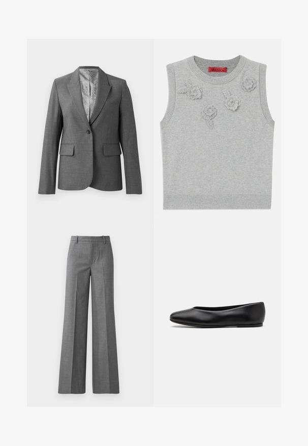 Blazer gris ajustado con solapas de pico, cierre de un solo botón, dos bolsillos frontales y un forro liso con patrón. Corte estándar con mangas largas.; Suéter sin mangas de color gris claro con un cuello y dobladillo acanalados. Presenta tres aplicaciones florales texturizadas en la parte frontal. Etiqueta de la marca: MAX&Co.; Pantalones de pierna ancha en un tejido texturizado. Presentan pliegues frontales, una cintura ajustada y un acabado pulido, ideales para entornos formales.; Paul Smith TOPANGA - Bailarinas - black