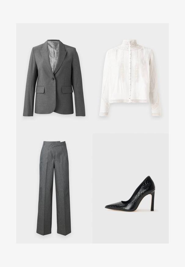 Blazer gris ajusté avec revers en pointe, fermeture à un bouton, deux poches avant et une doublure lisse à motifs. Coupe standard avec manches longues.; Blouse blanche avec col haut, manches longues, plis verticaux, accents en dentelle et fermeture à boutons sur le devant. Tissu léger avec une texture semi-transparente.; Pantalons larges en tissu gris foncé, avec une taille haute, des plis à l'avant et une fermeture à un bouton sur le côté.; Escarpin noir à bout pointu avec texture en cuir de crocodile, présentant un design élégant, un haut talon aiguille et un intérieur noir lisse.