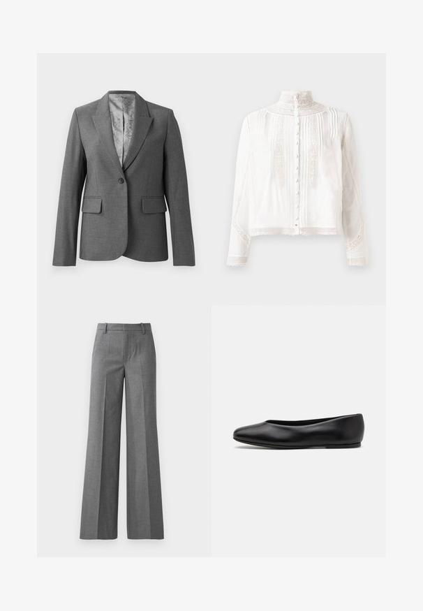 Siv obrabljen suh blazer z notches klapami, zapiranjem na en gumb, dvema sprednjima žepoma in gladkim vzorčastim podlogo. Standardna prileganje z dolgimi rokavi.; Bela bluza z visokim ovratnikom, dolgimi rokavi, navpičnimi gubami, čipkastimi poudarki in gumbom za zapiranje spredaj. Lahkoten material s polprosojno teksturo.; Sive široke hlače iz strukturirane tkanine. Imajo sprednje gube, prilegajoč pas in visokokakovosten videz, kar jih naredi idealne za formalne priložnosti.; Paul Smith TOPANGA - Balerinke - black