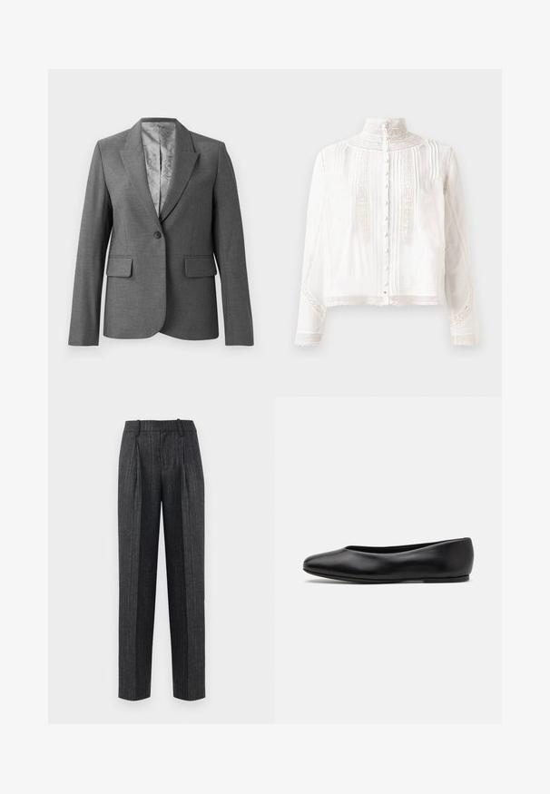 Szary dopasowany żakiet z klapami, z pojedynczym zapięciem na guzik, dwoma przednimi kieszeniami i gładkim, wzorzonym podszewką. Standardowy krój z długimi rękawami.; Biała bluzka z wysokim kołnierzem, długimi rękawami, pionowymi fałdami, koronkowymi akcentami i zapięciem na guziki z przodu. Lekka tkanina o półprzezroczystej teksturze.; Dopasowane spodnie w ciemnoszarym materiale w jasne paski, o prostym kroju, z plisami z przodu i gładką fakturą.; Paul Smith TOPANGA czarny