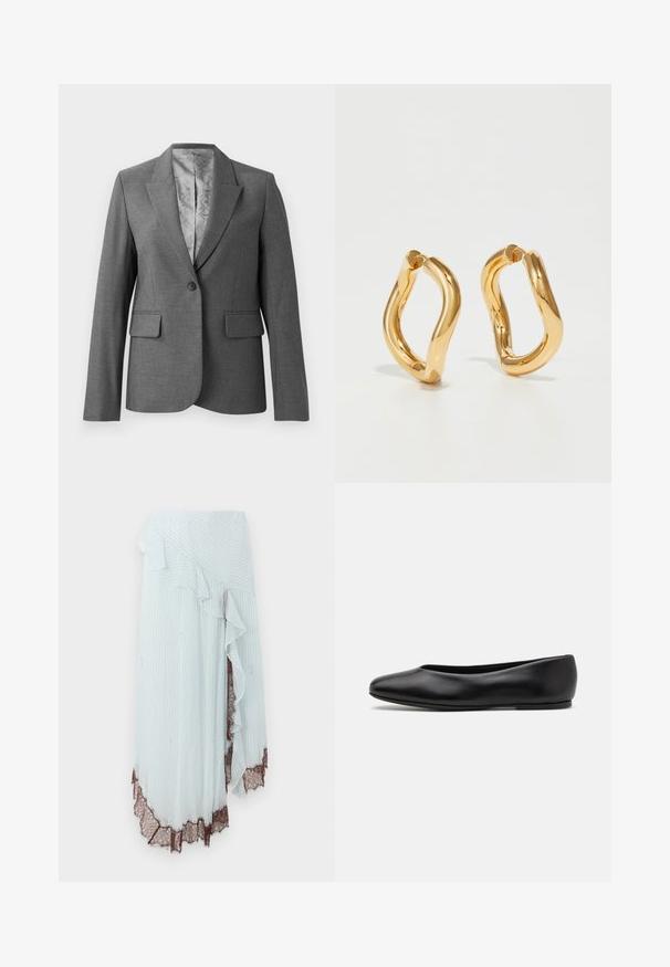 Blazer grigio su misura con rever a scollo, chiusura a bottoni singola, due tasche frontali e una fodera liscia a fantasia. Vestibilità standard con maniche lunghe.; Camicia bianca button-up in cotone, con taschino sul petto e piccolo logo ricamato. Vestibilità loose con colletto classico e maniche lunghe.; Gonna avvolgente azzurro chiaro con strisce bianche verticali, caratterizzata da un bordo arricciato e un intricata bordatura in pizzo marrone all'orlo.; Paul Smith TOPANGA - Ballerine - black; Orecchini a cerchio color oro con una forma curva e irregolare e una superficie liscia e lucida. Nessun hardware o accenti visibili.