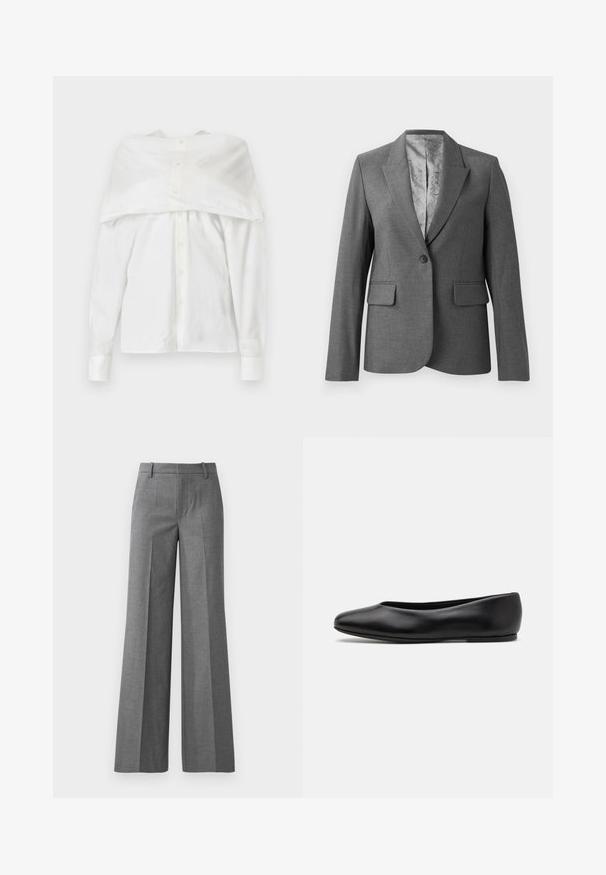 Sivi krojeni sako s reverima, zatvaranjem na jedan gumb, dva prednja džepa i glatkom podstavom s uzorkom. Standardni kroj s dugim rukavima.; Bijela košulja dugih rukava, pamučna tkanina, gumbasti prednji dio, dizajn bez ramena s drapiranim leđima, glatka tekstura, klasičan ovratnik i manžetne.; Sive široke hlače od teksturiranog materijala. Imaju pleate sprijeda, prilagođeni struk i sjajnu završnicu, idealne za formalne prilike.; Paul Smith TOPANGA - Balerinke - black