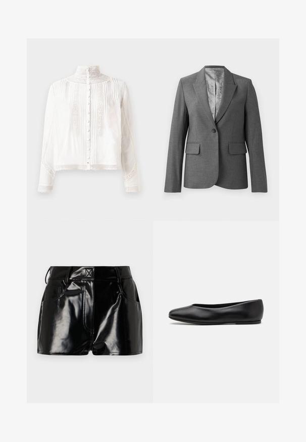 Grå skræddersyet blazer med spidse lapels, enkelt knaplukning, to forlommer og et glat mønstret foer. Standard pasform med lange ærmer.; Hvid bluse med høj krave, lange ærmer, lodrette plisseringer, blonde detaljer og knaplukning ned langs fronten. Letvægtsstof med semi-gennemsigtig struktur.; Sorte, blanke shorts lavet af syntetisk materiale. Har en tætsiddende talje, bælteslaufer og forlommer med fremtrædende stikninger.; Paul Smith TOPANGA - Ballerinasko - black