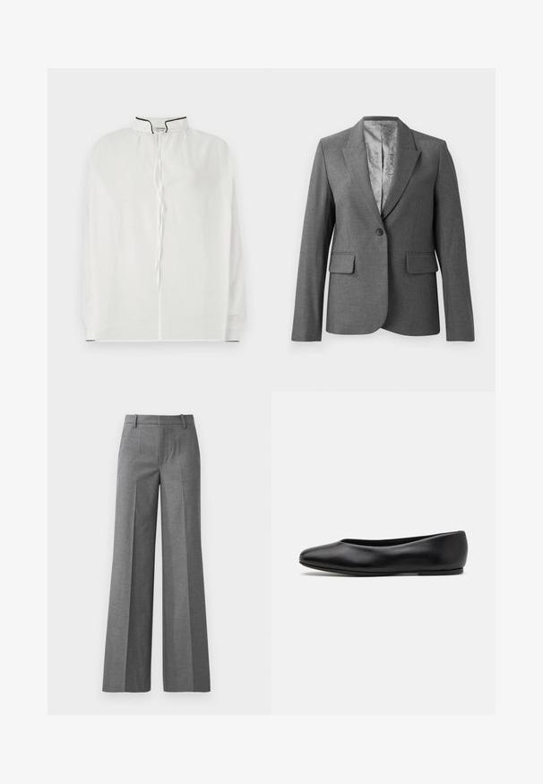 Blazer grigio su misura con rever a scollo, chiusura a bottoni singola, due tasche frontali e una fodera liscia a fantasia. Vestibilità standard con maniche lunghe.; Blusa bianca con colletto alto, dotata di chiusura con cordoncino e piping nero a contrasto lungo il collo e le maniche. Tessuto morbido.; Pantaloni wide-leg grigi in un tessuto texturizzato. Presentano pieghe frontali, una vita aderente e una finitura lucida, ideali per ambienti formali.; Paul Smith TOPANGA - Ballerine - black