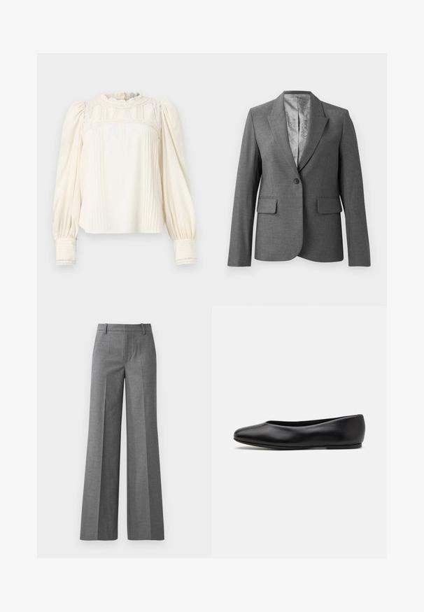 Šedý přizpůsobený blejzr s klopami, zapínání na jeden knoflík, dvě přední kapsy a hladkého vzorovaného podšívka. Standardní střih s dlouhými rukávy.; Krémová blůza s vysokým volánkovým límcem, složitými krajkovými detaily, plisovaným předním dílem a puffovými rukávy. Manžety mají vertikální pruhy a krajkový lem.; Šedé široké kalhoty z texturované látky. Mají přední skladby, přiléhavý pas a lesklý povrch, ideální pro formální prostředí.; Paul Smith TOPANGA - Klasické baleríny - black