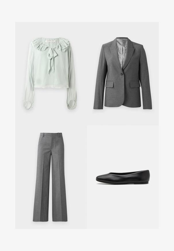 Blazer grigio su misura con rever a scollo, chiusura a bottoni singola, due tasche frontali e una fodera liscia a fantasia. Vestibilità standard con maniche lunghe.; Blusa verde chiaro con scollatura arricciata, dettagli a fiocco e maniche lunghe. Realizzata in tessuto morbido e fluente con polsini arricciati.; Pantaloni wide-leg grigi in un tessuto texturizzato. Presentano pieghe frontali, una vita aderente e una finitura lucida, ideali per ambienti formali.; Paul Smith TOPANGA - Ballerine - black