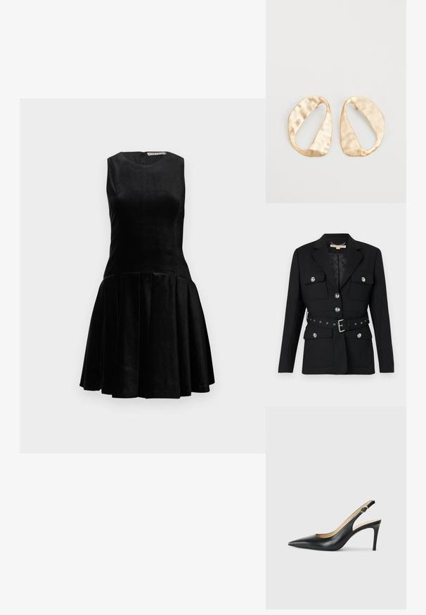 Sort blazer med to frontlommer, sølvknapdetaljer og en indsnævret taljebælte med spænde og øsken. Skræddersyet pasform.; Sort ærmeløs kjole lavet af fløjl med en tætsiddende bolero og en udvidet plisseret nederdel, med en rund halsudskæring og lynlås bagpå.; Sorte læder slingback højhælede sko med spids tå, justerbar rem og en slank stiletto hæl, der har en glat finish.; Et par uregelmæssige ovalformede øreringe i guldtonet metal med en tekstureret, let hamret overflade på en hvid baggrund.