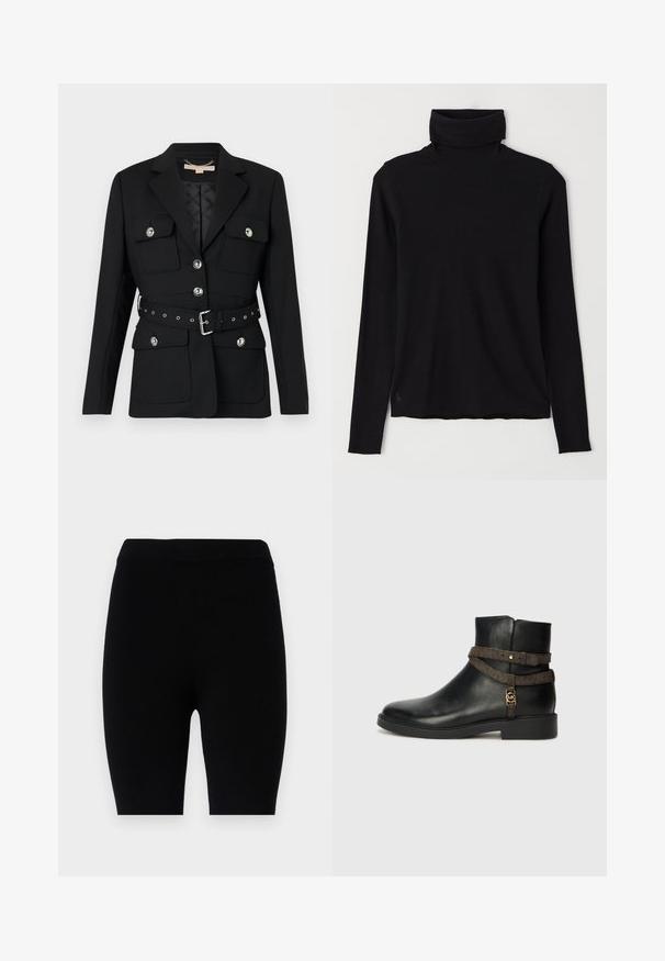 Svart blazer med to frontlommer, sølvknappdetaljer og en belte med innsvingt midje som har spenne og hulldetaljer. Skreddersydd passform.; Svart høyhalset genser laget av ribbestrikket stoff. Lange ermer, tettsittende design og en litt avslappet kant uten synlige mønstre eller beslag.; Sorte leggings laget av stretchstoff, med et enkelt design, elastisk midje og ensfarget uten mønstre eller detaljer.; Sorte lær ankelstøvletter med flad sål, prydet med et brunt mønstret bånd og detaljer i guld-tone. Glat tekstur.