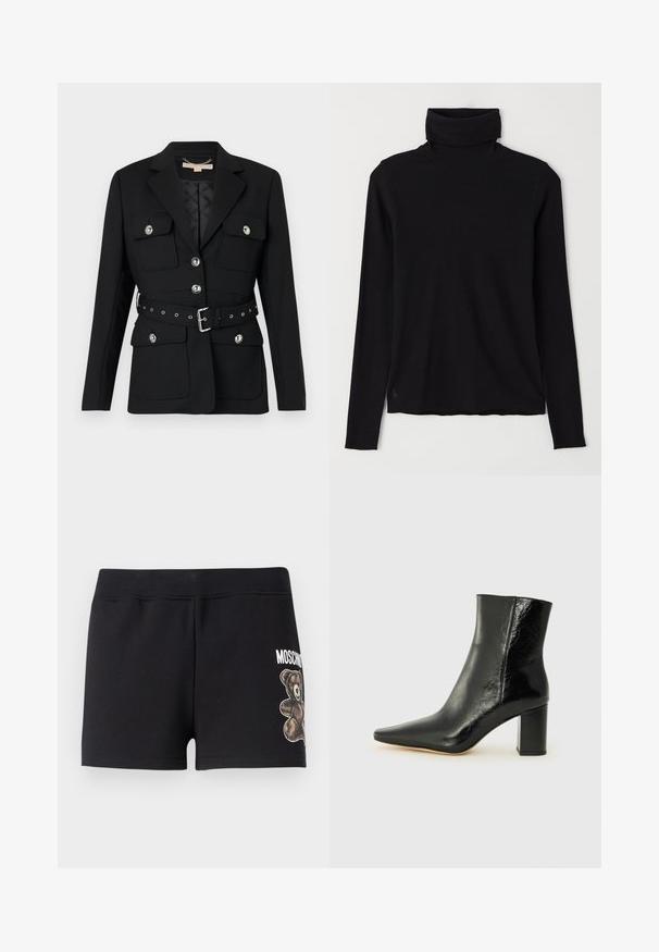 Fekete blézer két elülső zsebbel, ezüst gomb díszítéssel, és övből készült, összeszorított derékkal, amely csattal és lyukakkal rendelkezik. Testhezálló fazon.; Fekete garbó pulóver bordázott anyagból. Hosszú ujjak, testhezálló forma, és enyhén lazább alj, látható minták vagy fémrészek nélkül.; Fekete pamut sort, puha tapintással, egy mackó grafikával és a "Moschino" felirattal fehér színben az oldalon.; Fekete bokacsizma fényes bőrből, hegyes orral és tömör, négyzet alakú sarokkal. Simácska textúrával és minimalista dizájnnal rendelkezik.