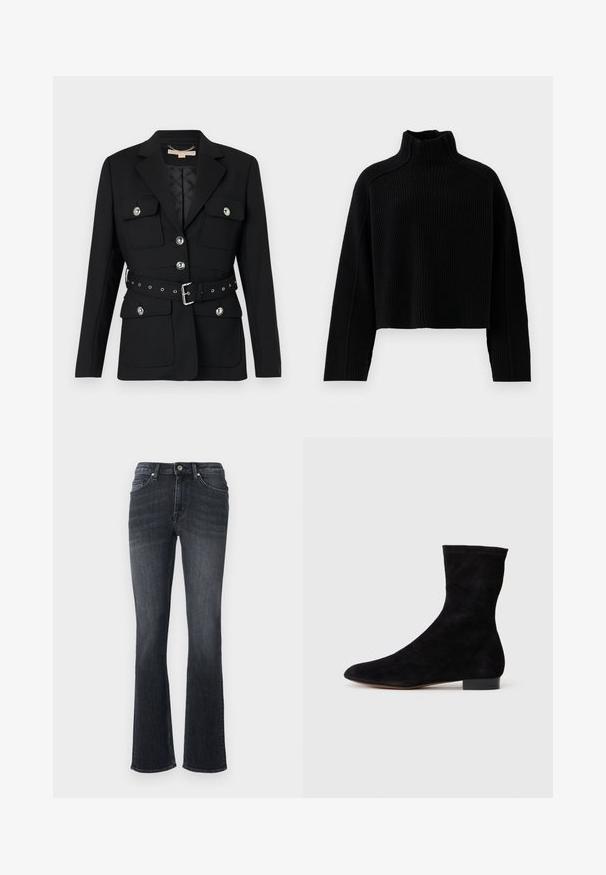 Musta bleiser kahete esikoti, hõbedaste nööpide detailidega ning elastse vööga, millel on pandla ja augud. Kohandatud lõige.; Mustritud must knit-sviiter kõrge kaelusega ja lühendatud disainiga, millel on pikad varrukad ja tekstuuriga viimistlus.; Tumedad denimist laiad püksid, millel on lukuga lend ja metallist nööp, eesmistest taskutest ja kerge fade'iga tekstuuri jaoks. Klassikaline viie-tasku disain.; Musthave mustan nahast pahkluu saabas, millel on kitsas vars, terav nina ja madal plokk-konts. Pehme tekstuur ja minimalistlik disain, sobib mitmekesiseks stiliseerimiseks.