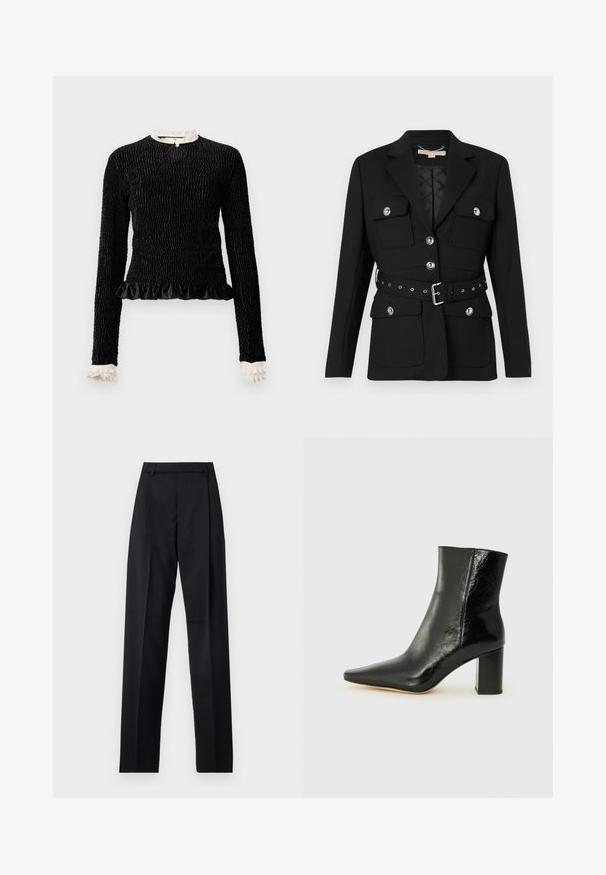 Musta bleiser kahete esikoti, hõbedaste nööpide detailidega ning elastse vööga, millel on pandla ja augud. Kohandatud lõige.; Must mustriga mustega, tekstuuriga kanga, volangäärtega ja valgete volangakinnitustega kaeluses ja varrukates. Omab keskel aasakinnitust.; Mustad püksid siledast kangast, millel on kõrge vöökoht, laiad jalad, esimesed kortsud ja klassikalised vööloopid. Küljepockets pole nähtavad.; Mustad muste saapad, mis on valmistatud läikivast nahast, terava koonuse ja tugeva ruudukujulise kandiga. Omab sileda tekstuuri ja minimalismi kujundust.