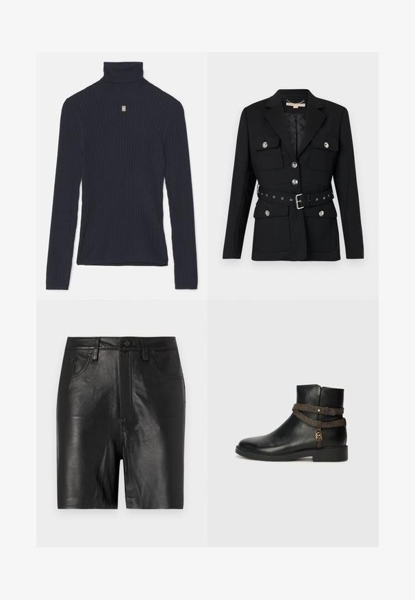 Sort blazer med to frontlommer, sølvknapdetaljer og en indsnævret taljebælte med spænde og øsken. Skræddersyet pasform.; Mørkeblå ribbet turtleneck sweater med lange ærmer og en tætsiddende pasform. Har en lille gul accent på brystet. Blød tekstur.; Sorte lædershorts med en glat tekstur, der har en frontlynlås, knaplukning og en klassisk fem-lomme design.; Sort læder ankelstøvle med flad sål, der har en brun mønstret rem og detaljer i guldfarvet metal. Glat tekstur.