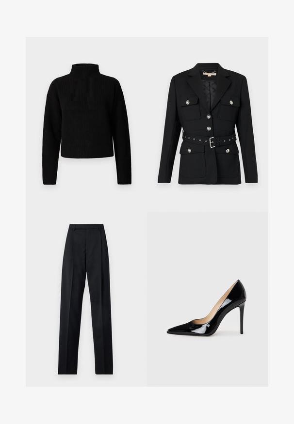 Black blazer with two front pockets, silver button accents, and a cinched waist belt featuring buckle and grommet details. Tailored fit.; Black ribbed turtleneck sweater with long sleeves and a cropped design. Texture appears thick and knitted, with no visible patterns or embellishments.; Black trousers made from smooth fabric featuring a high waist, wide legs, front pleats, and classic belt loops. No side pockets visible.; Black patent leather high-heeled pump with a pointed toe design and a sleek silhouette. Features a smooth, shiny finish and a slender stiletto heel.