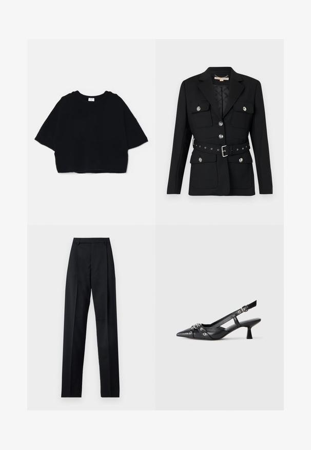 Musta bleiser kahete esikoti, hõbedaste nööpide detailidega ning elastse vööga, millel on pandla ja augud. Kohandatud lõige.; Must hõlmik mustast pehmest kangast, millel on ümmargune kaelus ja lühikesed, laiad varrukad, lihtsa ja minimalistliku disainiga.; Mustad püksid siledast kangast, millel on kõrge vöökoht, laiad jalad, esimesed kortsud ja klassikalised vööloopid. Küljepockets pole nähtavad.; Must must have must toote tõmblukuga, dekoratiivsed rihmad metallist silmadega ja madal blokk-kand. Tekstureeritud pind.