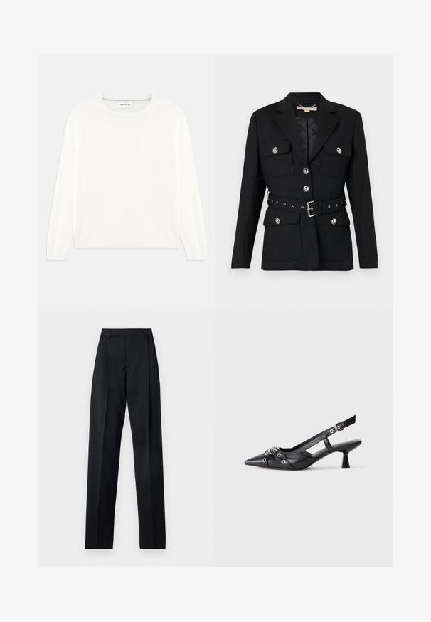 Blazer nero con due tasche frontali, dettagli in acciaio inox sui bottoni e una cintura in vita arricciata con fibbia e dettagli in eyelet. Vestibilità tailoring.; Maglione leggero di colore crema con scollo rotondo, maniche lunghe e orlo a costine. Realizzato in tessuto morbido con una texture liscia.; Pantaloni neri realizzati in tessuto morbido, caratterizzati da vita alta, gambe larghe, pince frontali e classiche passanti per cintura. Non ci sono tasche laterali visibili.; Scarpa slingback nera in pelle con punta affusolata, cinturini decorativi con occhielli metallici e tacco basso a blocco. Superficie testurizzata.