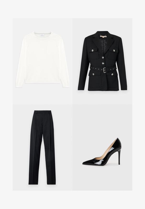 Čierny blazer s dvoma prednými vreckami, striebornými gombíkovými akcentmi a opaskom so zúženým pásom, ktorý obsahuje detaily pracky a očiek. Strih prispôsobený postave.; Ľahký sveter smotanovej farby s okrúhlym výstrihom, dlhými rukávmi a rebrovaným lemom. Vyrobený z mäkkej látky s hladkou textúrou.; Čierne nohavice vyrobené z hladkej látky s vysokým pásom, širokými nohavicami, prednými záhybmi a klasickými pútkami na opasok. Žiadne bočné vrecká nie sú viditeľné.; Čierne lakované lodičky na vysokej podpätku s špicatou špičkou a elegantným siluetou. Disponujú hladkým, lesklým povrchom a štíhlym podpätkom.
