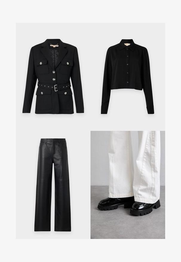 Musta bleiseri, jossa on kaksi etutaskua, hopeiset napin korostukset ja vyötärön cinch-vyö, jossa on solki- ja rei'itydetaljeja. Muotoiltu malli.; Musta lyhythihainen paita, jossa on pitkät hihat, terävä kaulus ja napitus edessä. Valmistettu sileästä kankaasta, rento istuvuus ja kyynärpäätakkikuhat.; Lepas hitam lebar dari kulit dengan tekstur halus, dilengkapi saku depan, penutupan kancing, dan detail jahitan yang halus.; Mustat paksupohjaiset kengät kiiltävällä pinnalla, yhdistettynä valkoisiin leveälahkeisiin housuihin. Kengissä on huomattava paksu kulutusosa ja sileä pinta.