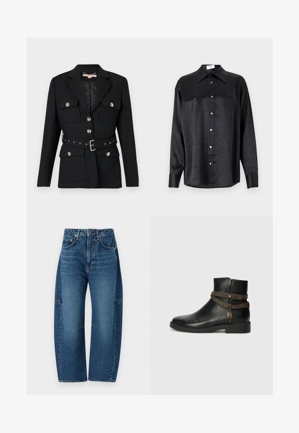Juodas švarkas su dviem priekinėmis kišenėmis, sidabriniais mygtukų akcentais ir įliemenuota juosta su sagtimi ir šulinėlių detalėmis. Suformuotas dydis.; Juodas ilgarankovis marškinis su apykakle, turintis plėšyta tekstūra, visiško mygtukų uždarymo priekyje ir rankogaliais. Pagamintas iš lygaus audinio.; rag & bone CHARLIE BARREL JEAN - Platėjantys džinsai - dark blue denim; Juodas odinis kulkšninis botų su lygia sueigą, su ruda raštuota juosta ir auksinės spalvos detalėmis. Lygus paviršius.