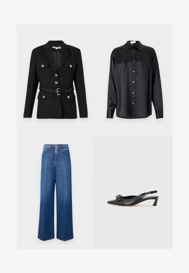 Fekete blézer két elülső zsebbel, ezüst gomb díszítéssel, és övből készült, összeszorított derékkal, amely csattal és lyukakkal rendelkezik. Testhezálló fazon.; Fekete, hosszú ujjú ing, galléros nyakkal, gyűrött textúrával, teljes gombos elejével és mandzsettákkal. Simaságú anyagból készült.; Sötétkék, bő szabású farmernadrág magas derékkal, gombos záródással és klasszikus varrással. Simma textúra, enyhe kopással.; Fekete bőr szandál kis sarkú, hegyes orral, díszes csattal a felsőrészen. Simább textúra, minimalista design.