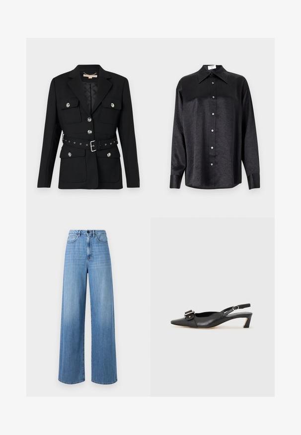 Musta bleiser kahete esikoti, hõbedaste nööpide detailidega ning elastse vööga, millel on pandla ja augud. Kohandatud lõige.; Musta pikemate varrukatega särk, millel on krae ja kortsus tekstuur, täispikk nööpidega eesmine osa ja varrukate mansetid. Valmistatud siledast kangast.; Heledad sinine laiemate sääretega teksapüksid, mis on valmistatud denimist, kõrge vöökohaga, vööaasadega, esiotsadega ja kontrastsete õmblustega.; Must must nahk slingback kingad terava varbaga, väikese kontsaga ja dekoratiivse pandlaga ülaosas. Sile tekstuur, minimalistlik disain.
