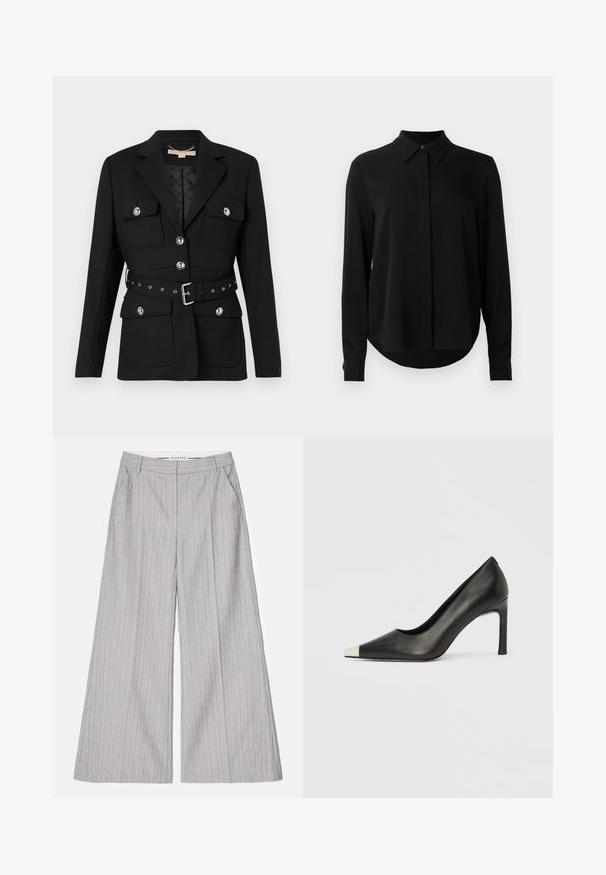 Čierny blazer s dvoma prednými vreckami, striebornými gombíkovými akcentmi a opaskom so zúženým pásom, ktorý obsahuje detaily pracky a očiek. Strih prispôsobený postave.; Čierna blúzka s dlhým rukávom, špicatým golierom, skrytou gombíkovou légou a zakriveným lemom na jasne bielom pozadí.; Sivé nohavice s širokými nohavicami a vertikálnymi pásikmi, s hladkou textúrou a jemným leskom. Obsahujú predné vrecká a pás.; Čierna kožená lodička s vysokým opätkom, špičkou a kovovou striebornou špičkou. Má hladký povrch a štíhly 10 cm opätok.