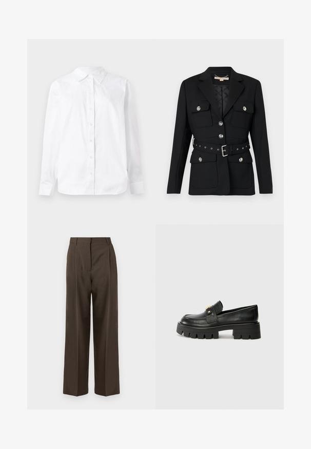 Fekete blézer két elülső zsebbel, ezüst gomb díszítéssel, és övből készült, összeszorított derékkal, amely csattal és lyukakkal rendelkezik. Testhezálló fazon.; Fehér, hosszú ujjú, gombos ing, pamutból készült, hegyes gallérral és egyenes szabással, sima textúrával.; Barna, bő szárú nadrág sima textúrával, magas derékkal, elülső pleat-ekkel és testre szabott kialakítással. Nincsenek látható zsebek vagy díszítések.; Fekete bőr loaferek masszív talppal, elöl arany színű díszítéssel és sima felülettel. A talpon vastag mintázat található.