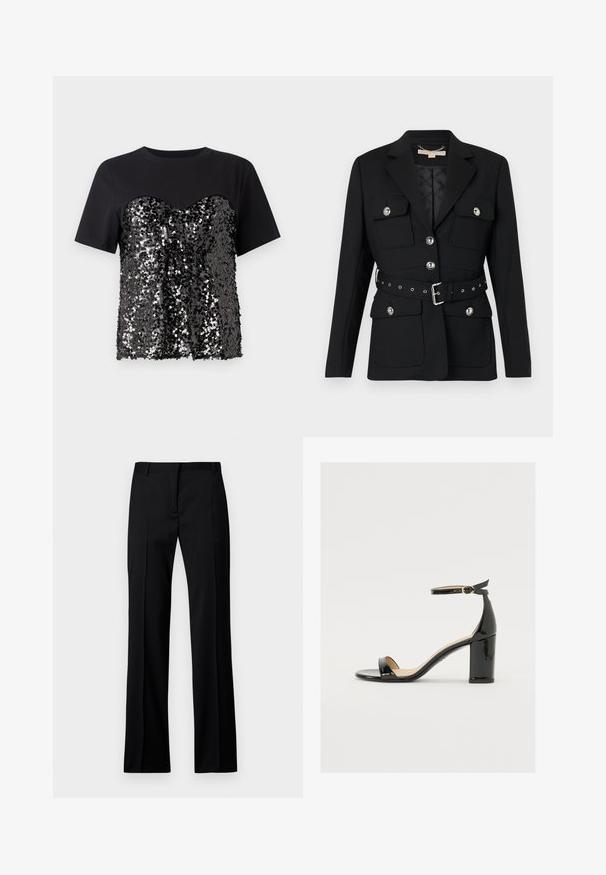 Fekete blézer két elülső zsebbel, ezüst gomb díszítéssel, és övből készült, összeszorított derékkal, amely csattal és lyukakkal rendelkezik. Testhezálló fazon.; Fekete póló, szív alakú, flitterekkel díszített felső résszel. A felső rész sima, ellentétben az érdes alsó résszel.; Fekete, sima anyagú, egyenes szárú nadrág, lapos elülső résszel, övhurkokkal, és látható zsebek vagy díszítések nélkül.; Fekete lakkbőr szandál széles sarokkal, nyitott orral és bokapánttal, amelyen arany csat található. Sima felület és elegáns dizájn.