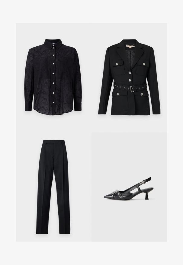 Black blazer with two front pockets, silver button accents, and a cinched waist belt featuring buckle and grommet details. Tailored fit.; Black button-up shirt made of lightweight fabric with a subtle floral texture, featuring a collar and front button closure.; Black trousers made from smooth fabric featuring a high waist, wide legs, front pleats, and classic belt loops. No side pockets visible.; Black leather slingback shoe with a pointed toe, decorative straps featuring metal eyelets, and a low block heel. Textured surface.