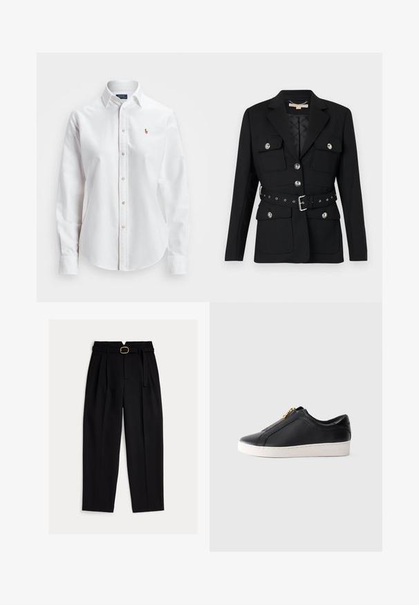 Blazer nero con due tasche frontali, dettagli in acciaio inox sui bottoni e una cintura in vita arricciata con fibbia e dettagli in eyelet. Vestibilità tailoring.; Camicia bianca a maniche lunghe con bottoni in cotone, caratterizzata da un colletto classico e un piccolo logo ricamato sul petto.; Pantaloni neri a vita alta con cintura in vita, pieghe frontali e design a gamba larga. Realizzati in tessuto liscio con un taglio classico.; Sneaker in pelle nera a basso profilo con suola bianca e chiusura con zip dorata, vista laterale, stile minimalista su sfondo semplice.
