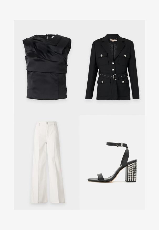 Černý blejzr se dvěma předními kapsami, stříbrnými knoflíkovými akcenty a stahovacím páskem v pase s detaily s přezkou a očky. Přizpůsobený střih.; Černý saténový top s strukturovaným designem, širokými rameny a asymetrickým předním panelem, zapínaný na zip na zádech.; Bílé volné kalhoty vyrobené z bavlny s hladkou texturou. Obsahují přední knoflík, zip a design se čtyřmi kapsami.; Černé kožené sandály na podpatku s páskem kolem kotníku. Mají čtveratou špičku, hladký povrch a čtvercový blokový podpatek zdobený stříbrnými hroty.