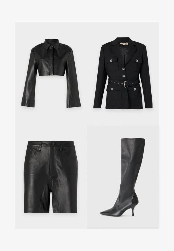 Black blazer with two front pockets, silver button accents, and a cinched waist belt featuring buckle and grommet details. Tailored fit.; Black cropped leather jacket with a collar and long flared sleeves. Features a front button closure and smooth, shiny texture.; Black leather shorts with a smooth texture, featuring a front zip, button closure, and classic five-pocket design.; Knee-high black leather boots with a pointed toe and a slim stiletto heel. Smooth texture with a fitted design and stitching at the top edge.