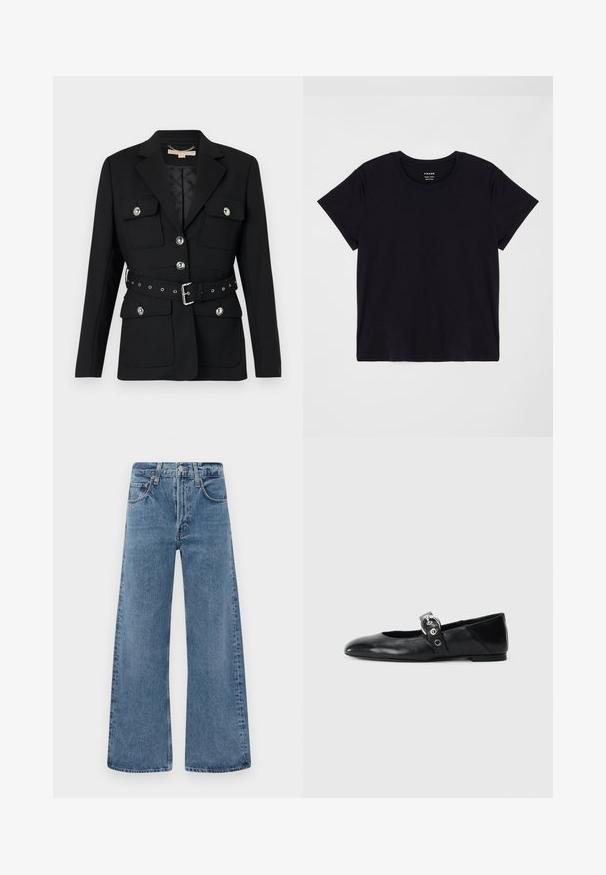 Musta bleiser kahete esikoti, hõbedaste nööpide detailidega ning elastse vööga, millel on pandla ja augud. Kohandatud lõige.; Lühikeste varrukatega must T-särk, mis on valmistatud pehmest puuvillast. Klassikaline ümmargune kaelus, lihtsa ja ilma kaunistusteta pind ning mugav lõige.; Laiad, sinised teksad klassikalise viie taskuga disainiga, nööbikinnitusega ja pleekinud tekstuuriga, millel on toorservadega ääred.; Mustadest nahast balleti kingad terava varbaga, millel on rihm ümmarguse metallist pandlaga ja lame tald.