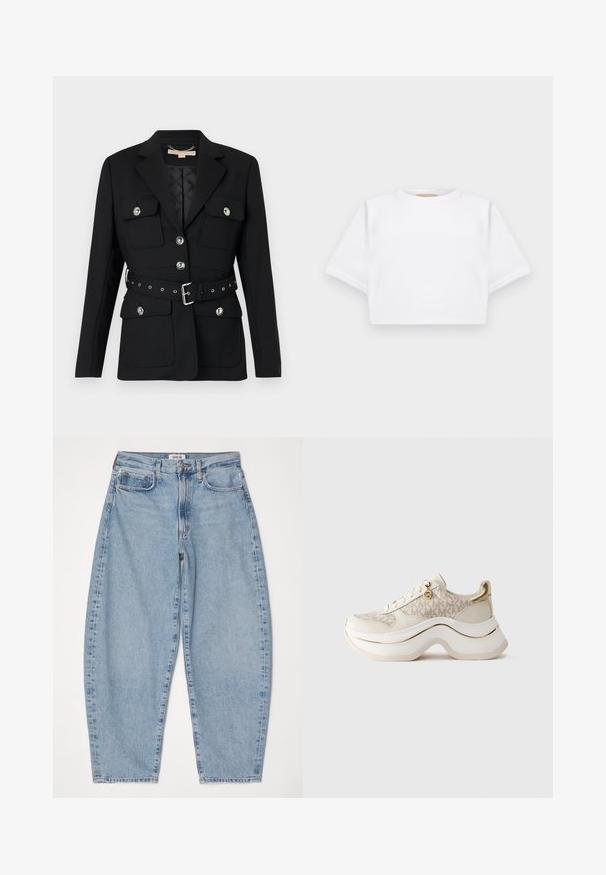 Czarna marynarka z dwoma przednimi kieszeniami, srebrnymi zdobieniami guzików oraz z paskiem z talią o dopasowanym fasonie, posiadającym detale w postaci klamry i grometów. Dopasowany krój.; Skrojona biała koszulka z miękkiego materiału, z krótkimi rękawami, okrągłym dekoltem i żebrowanymi detalami u dołu. Prosty i nieozdobiony design.; Agolde - Jeansy Relaxed Fit; Beżowe i złote platformowe sneakersy z wzorem "MK", z przodem na sznurówki, złotym zawieszką i grubą falistą podeszwą na jednolitym tle.
