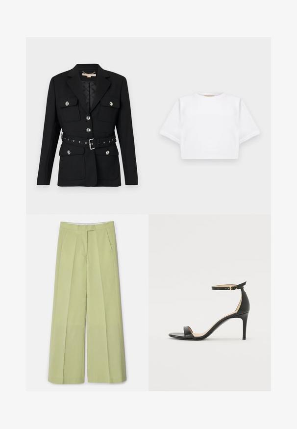 Black blazer with two front pockets, silver button accents, and a cinched waist belt featuring buckle and grommet details. Tailored fit.; Cropped white t-shirt made of soft fabric, featuring short sleeves, a round neckline, and ribbed hem details. Simple and unembellished design.; Light green wide-leg trousers with a smooth fabric, featuring front pleats, two side pockets, and a straight cut.; Black leather high-heeled sandal with an ankle strap. Features a smooth texture, open toe, and a thin heel. Gold-toned buckle detail.
