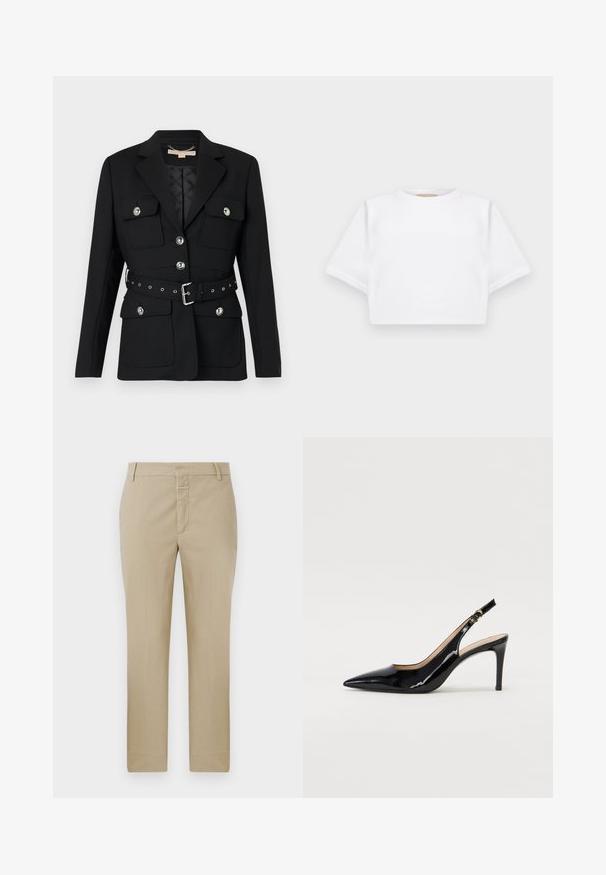 Čierny blazer s dvoma prednými vreckami, striebornými gombíkovými akcentmi a opaskom so zúženým pásom, ktorý obsahuje detaily pracky a očiek. Strih prispôsobený postave.; Strihnuté biele tričko vyrobené z mäkkej látky, s krátkymi rukávmi, okrúhlym výstrihom a rebrovanými detailmi na lemovaní. Jednoduchý a nezdobený dizajn.; Béžové nohavice so rovnými nohavicami, vyrobené z hladkej tkaniny. Obsahujú zips a pútka na opasok; minimálne švy a žiadne viditeľné vzory.; Čierne lakované kožené slingback lodičky s špicatou špičkou, štíhlým podpätkom a jemným výrezom. Obsahuje zlatú pracku na remienku.