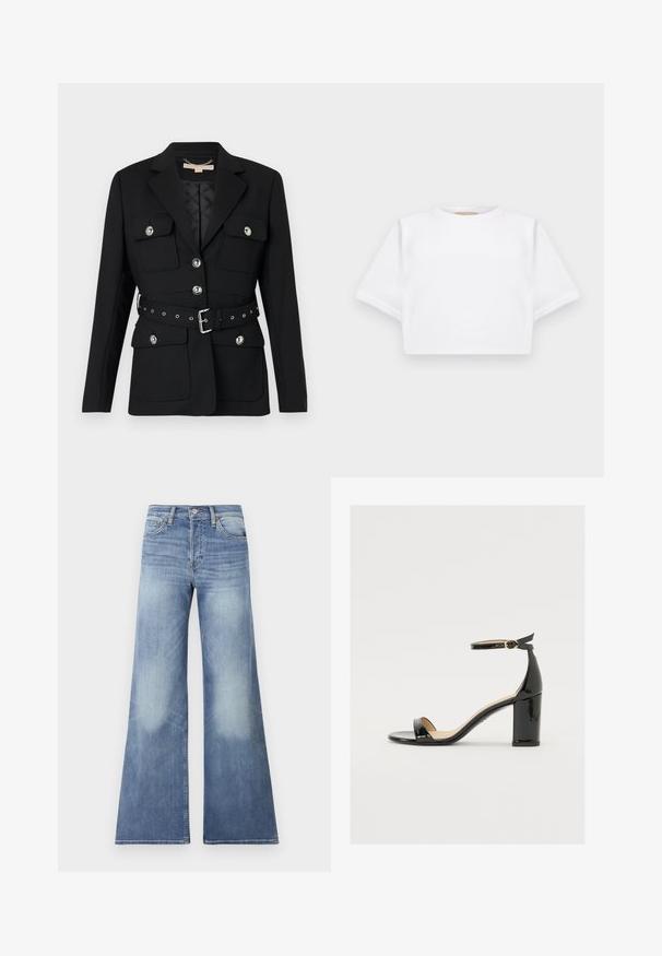 Black blazer with two front pockets, silver button accents, and a cinched waist belt featuring buckle and grommet details. Tailored fit.; Cropped white t-shirt made of soft fabric, featuring short sleeves, a round neckline, and ribbed hem details. Simple and unembellished design.; Light blue denim wide-leg jeans with a high waist, featuring fading details and stitched accents, designed for a relaxed fit.; Black patent leather sandal with a wide heel, open toe, and ankle strap featuring a gold buckle. Smooth texture and sleek design.