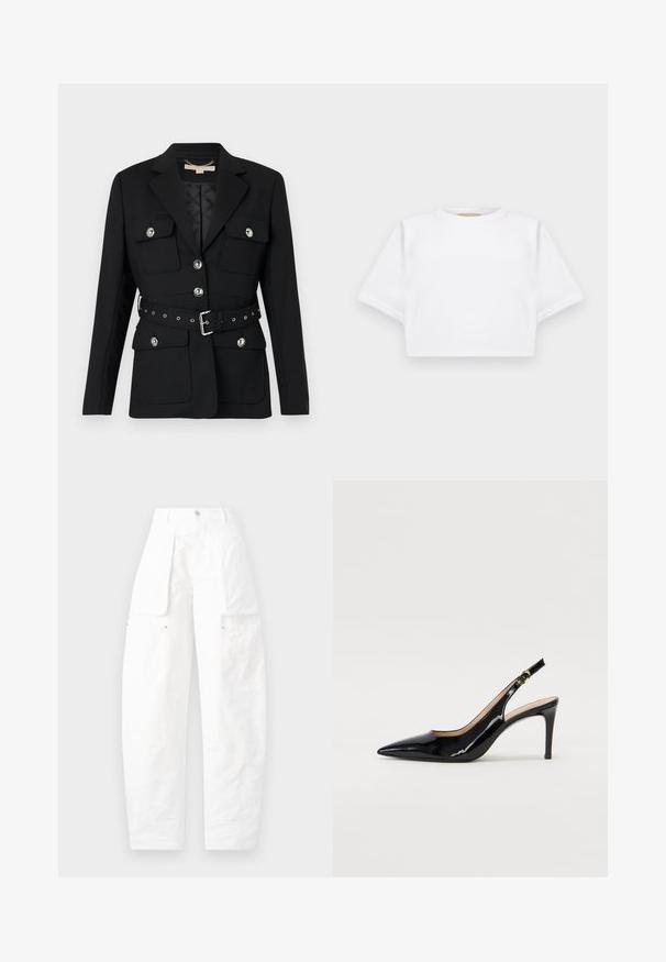 Musta bleiseri, jossa on kaksi etutaskua, hopeiset napin korostukset ja vyötärön cinch-vyö, jossa on solki- ja rei'itydetaljeja. Muotoiltu malli.; Lyhythihainen valkoinen t-paita pehmeää kangasta, jossa on pyöreä pääntie ja ribbireunat. Yksinkertainen ja ilman koristeita oleva malli.; Valkoiset cargo-housut, joissa on löysä istuvuus, useita taskuja sivuilla, teksturoitu kangas, korkea vyötärö ja nappisulku.; Musta lakattu nahkainen slingback-korkokenkä, jossa on terävä kärki, kapea korko ja hillitty leikkaussuunnittelu. Varressa on kultainen solki.