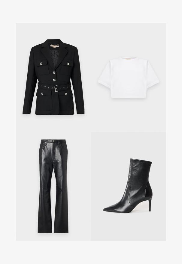 Čierny blazer s dvoma prednými vreckami, striebornými gombíkovými akcentmi a opaskom so zúženým pásom, ktorý obsahuje detaily pracky a očiek. Strih prispôsobený postave.; Strihnuté biele tričko vyrobené z mäkkej látky, s krátkymi rukávmi, okrúhlym výstrihom a rebrovanými detailmi na lemovaní. Jednoduchý a nezdobený dizajn.; Čierne kožené nohavice s hladkou textúrou, rozšíreným strihom na nohách, predným zipsom a pútkami na opasok. Obsahujú jemné stehové detaily.; Čierne kotníkové topánky vyrobené z hladkej kože, s špicatou špičkou, priliehavým zvrškom aúzkym vysokým podpätkom. Minimalistický dizajn bez viditeľného kovania.
