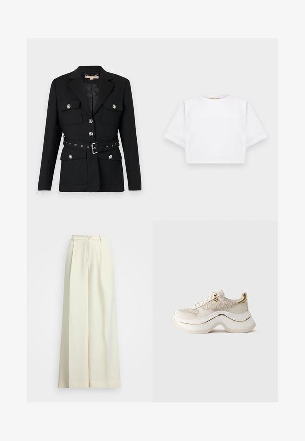 Svart blazer med to frontlommer, sølvknappdetaljer og en belte med innsvingt midje som har spenne og hulldetaljer. Skreddersydd passform.; Kuttet hvit t-skjorte laget av mykt stoff, med korte ermer, rund hals og ribbestrikket detaljer nederst. Enkel og upradert design.; Vidde-bukser i off-white stoff med høy midje, doble folder og knappelukking. Glatt tekstur og skreddersydd design.; Beige og gull plattform sneakers med "MK" mønster, snøring foran, gull-charms, og tykk bølgete såle mot lyst bakgrunn.