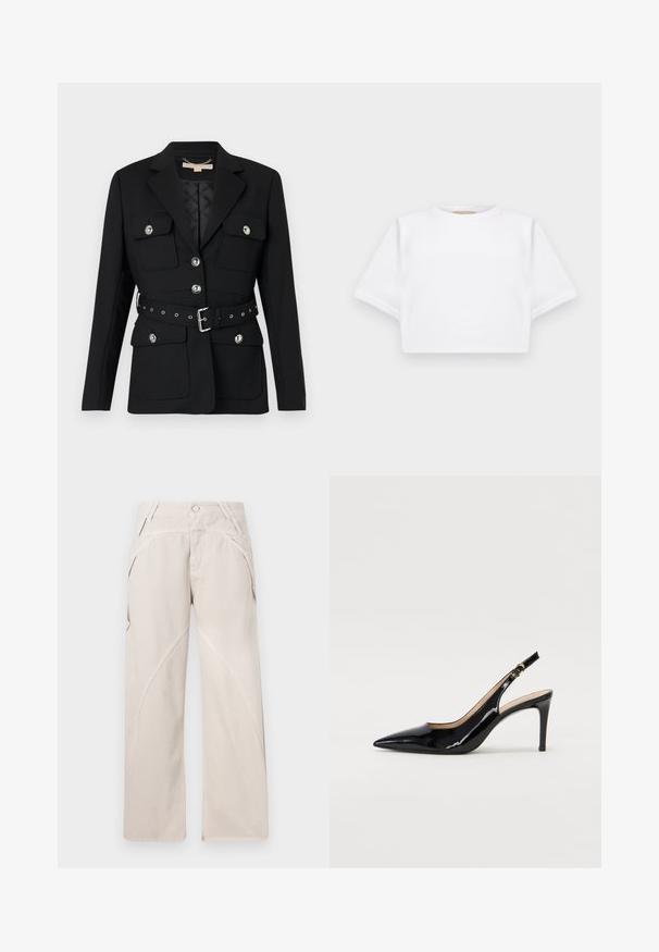 Fekete blézer két elülső zsebbel, ezüst gomb díszítéssel, és övből készült, összeszorított derékkal, amely csattal és lyukakkal rendelkezik. Testhezálló fazon.; Rövid ujjú, puha anyagból készült, vágott fehér póló, kör alakú nyakkivágással és bordázott alsó résszel. Egyszerű és díszítetlen kialakítás.; Beige, bővebb lábú nadrág, pamut keverékből készült, ívelt varratokkal, gombos záródással és oldalsó zsebekkel. Simított elülső rész.; Fekete lakk bőr kötött magassarkú cipő, hegyes orral és karcsú sarokkal, finom kivágásos dizájnnal. Az övön arany csatt található.