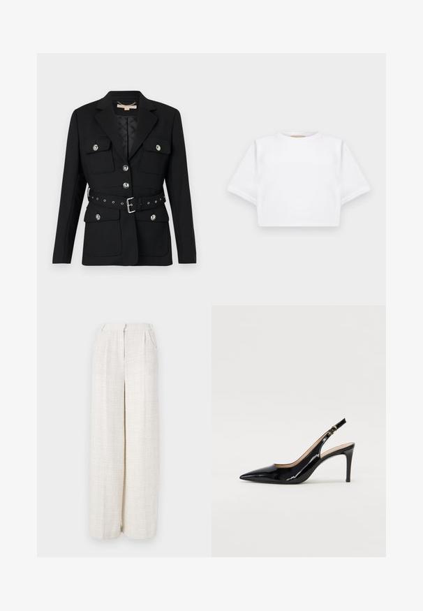 Černý blejzr se dvěma předními kapsami, stříbrnými knoflíkovými akcenty a stahovacím páskem v pase s detaily s přezkou a očky. Přizpůsobený střih.; Zkrácené bílé tričko vyrobené z měkké látky, má krátké rukávy, kulatý výstřih a žebrované detaily na lemech. Jednoduchý a nezdobený design.; Kalhoty s širokými nohavicemi v světle béžové látce s texturovaným tkaným vzorem. Mají přední pas a žádné viditelné zapínání.; Černé lakované slingback lodičky s špičatou špičkou, úzkým podpatkem a jemným výřezem. Obsahují zlatou sponu na řemínku.