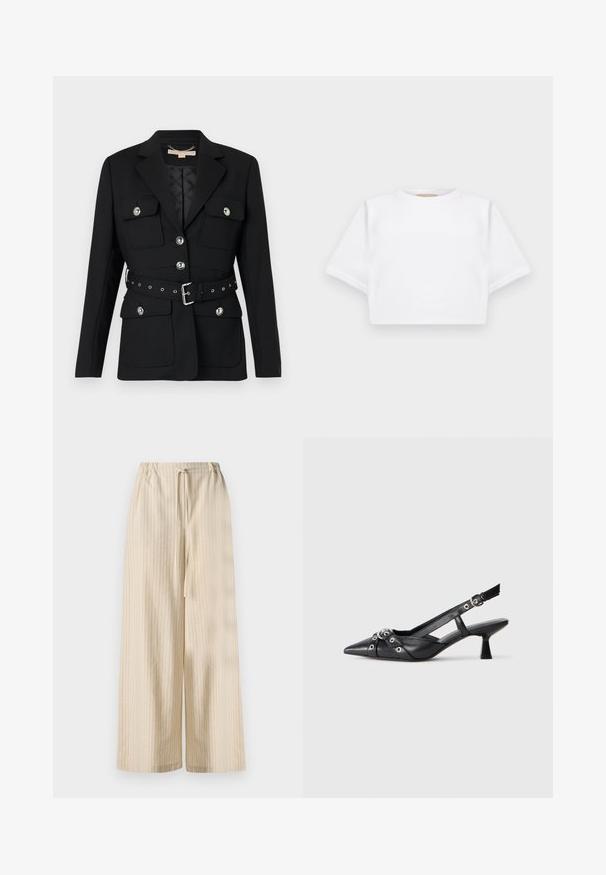 Sort blazer med to frontlommer, sølvknapdetaljer og en indsnævret taljebælte med spænde og øsken. Skræddersyet pasform.; KFrakelse hvid t-shirt lavet af blødt stof, med korte ærmer, rund halsudskæring og ribbede nederste detaljer. Enkel og udekoreret design.; Lysbeige vide bukser lavet af blødt stof, med lodrette striber og en elastisk talje med snøre-detalje.; Sort lædersandal med spids tå, dekorative stropper med metaløjer og en lav blokhæl. Struktureret overflade.