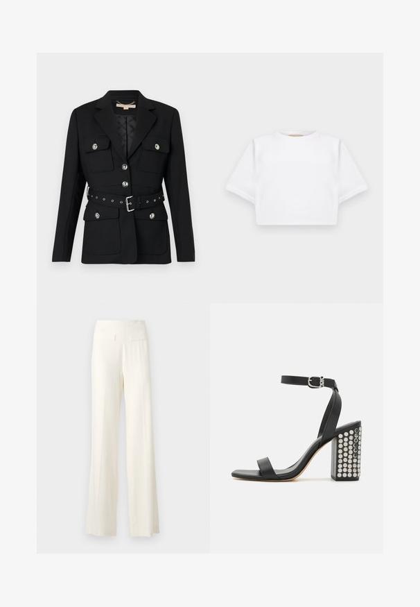 Musta bleiser kahete esikoti, hõbedaste nööpide detailidega ning elastse vööga, millel on pandla ja augud. Kohandatud lõige.; Lühikeste varrukatega, pehmest kangast lõigatud valge T-särk, millel on ümar kaelus ja soonikuga ääred. Lihtne ja ilma kaunistusteta disain.; Ivory värvi laiad püksid, millel on tekstureeritud kangas, peened vertikaalsed triibud ja kaks tagumist taskut.; Mustad nahast kõrged sandaalid pahkluu rihmaga. Omavad ruudukujulist varbaosa, siledat tekstuuri ja ruudukujulist plokknõela, mis on kaunistatud hõbedaste nööpidega.