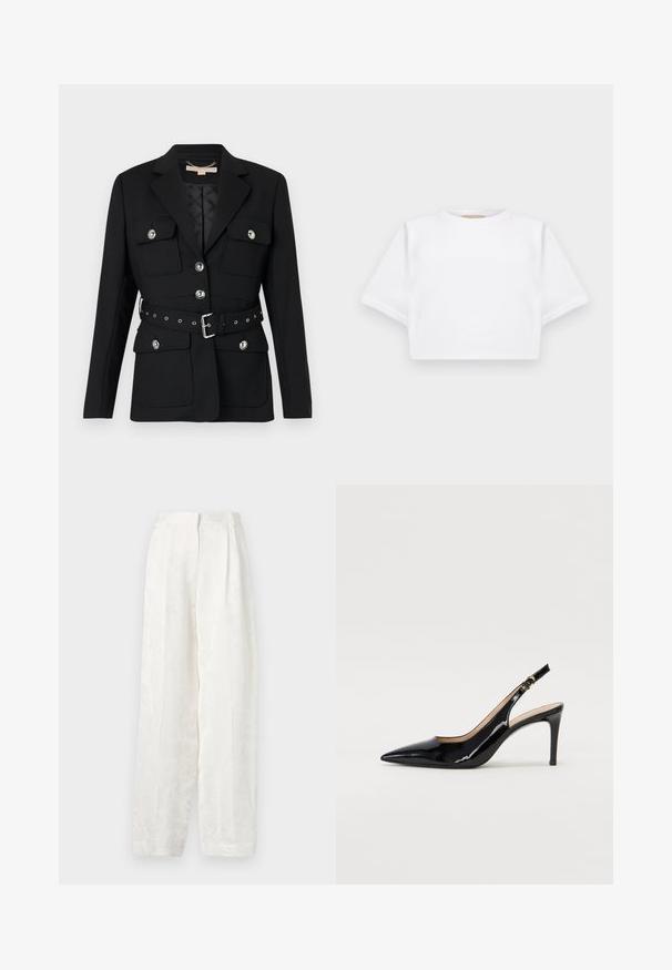 Fekete blézer két elülső zsebbel, ezüst gomb díszítéssel, és övből készült, összeszorított derékkal, amely csattal és lyukakkal rendelkezik. Testhezálló fazon.; Rövid ujjú, puha anyagból készült, vágott fehér póló, kör alakú nyakkivágással és bordázott alsó résszel. Egyszerű és díszítetlen kialakítás.; Fehér, bő szabású nadrág sima, texturált anyagból, amelyen finom virágmintázat és plissézéssel ellátott elülső kialakítás található.; Fekete lakk bőr kötött magassarkú cipő, hegyes orral és karcsú sarokkal, finom kivágásos dizájnnal. Az övön arany csatt található.